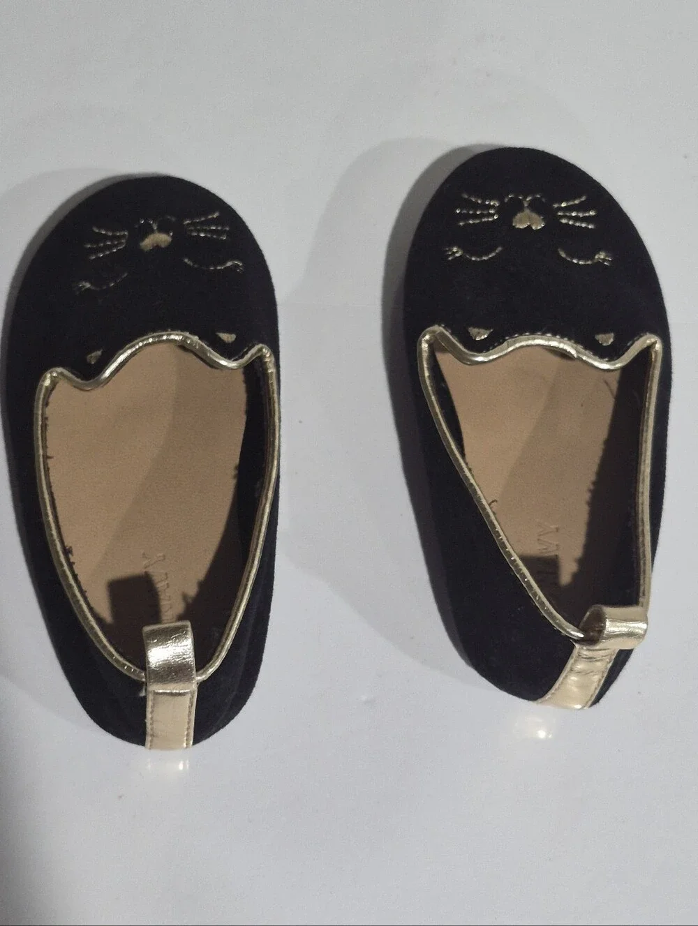 Old Navy Black & Gold Cat Baby Girl Faux Suede Critter Ballet Flats Size 6/13.5